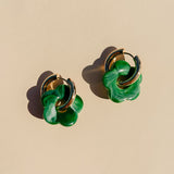 Gold Flower Hoop Earrings in Emerald