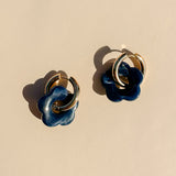 Gold Flower Hoop Earrings in Indigo