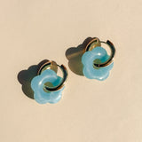 Gold Flower Hoop Earrings in Baby Blue