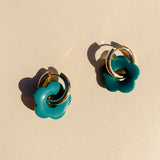 Gold Flower Hoop Earrings in Teal