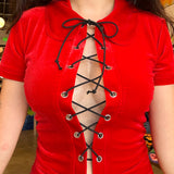 Playgirl Lace-Up Romper in Cherry Bomb