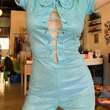 Playgirl Lace-Up Romper in Sky Blue