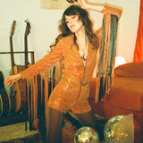 Glitter Fringe Romper in Orange