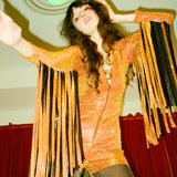 Glitter Fringe Romper in Orange