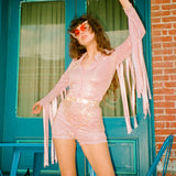 Glitter Fringe Romper in Dusty Rose