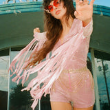 Glitter Fringe Romper in Dusty Rose