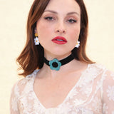 Daisy Velvet Choker - Black/Emerald Glitter