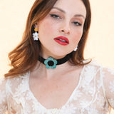 Daisy Velvet Choker - Black/Emerald Glitter