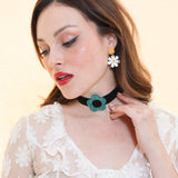 Daisy Velvet Choker - Black/Emerald Glitter