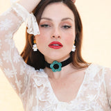 Daisy Velvet Choker - Black/Emerald Glitter